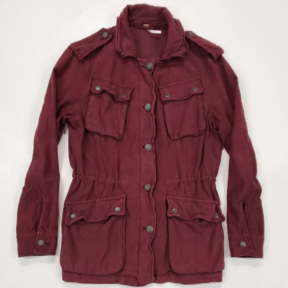 Free People Cargo Utility Jacket 100% Cotton Pockets Burgundy Size XS Oversized - Picture 6 of 7